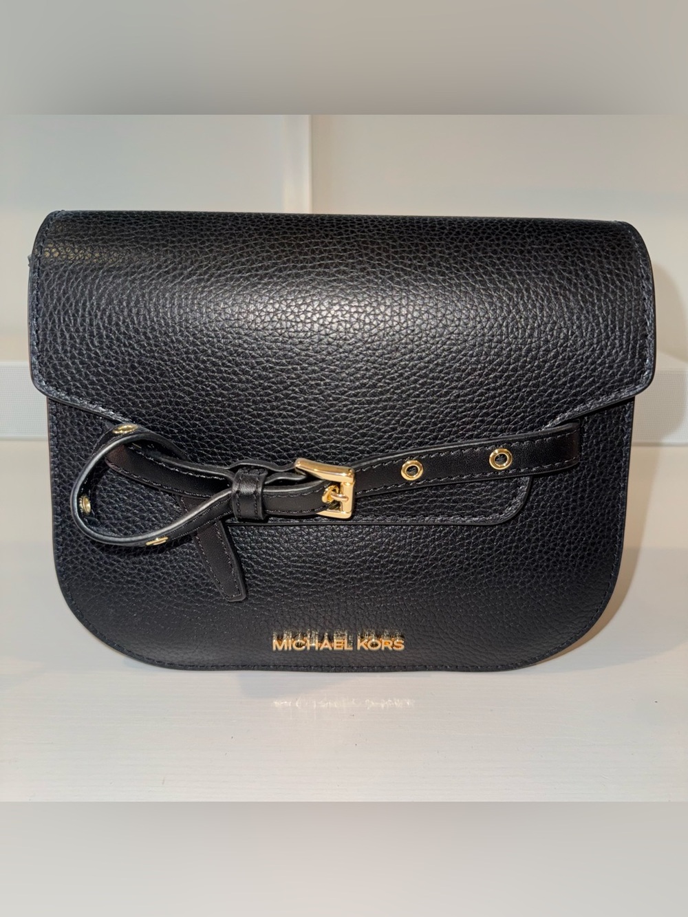 Michael Kors Black Pebbled Leather Crossbody with Gold Accent Buckle